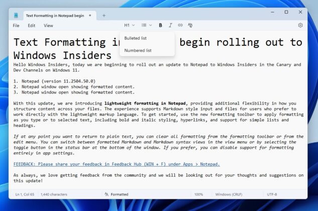 Windows 11の弾丸ポイントのメモ帳のフォーマット