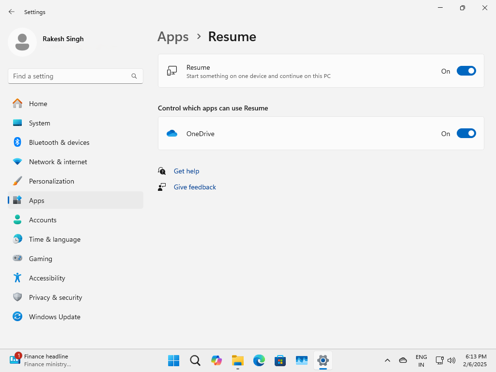設定アプリ内のサービスを再開します。中断したところから拾うことができます。