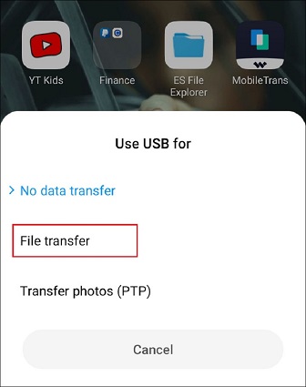 Android USBオプションを選択します