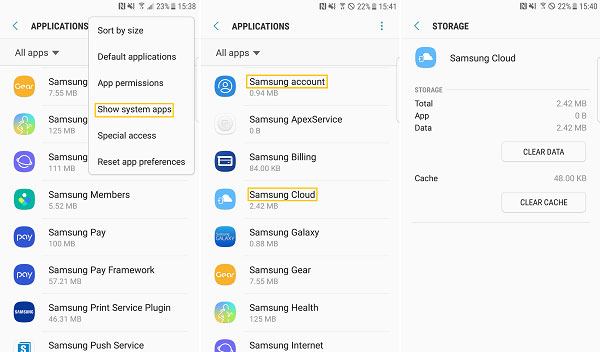 Samsungアカウントでデータとキャッシュをクリアします