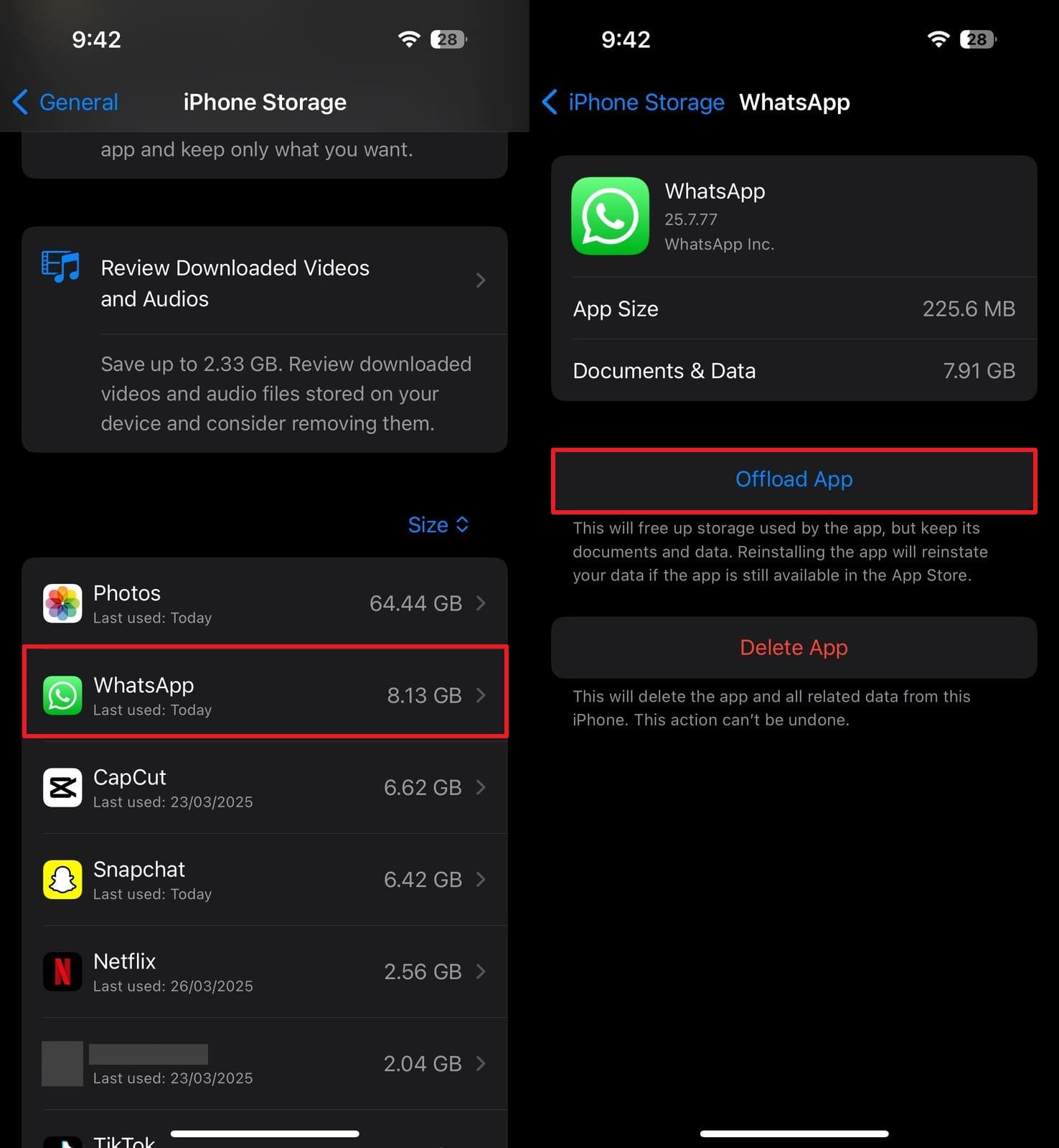 whatsappと再インストールをオフロードします
