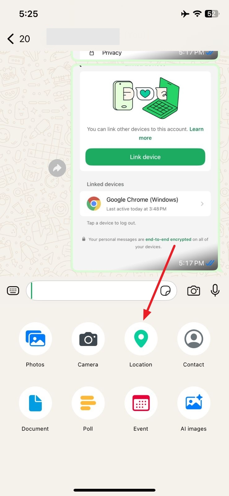 whatsappの場所を添付します