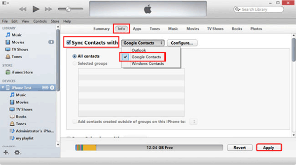 iTunes経由でiPhoneからSonyへの連絡先を転送します