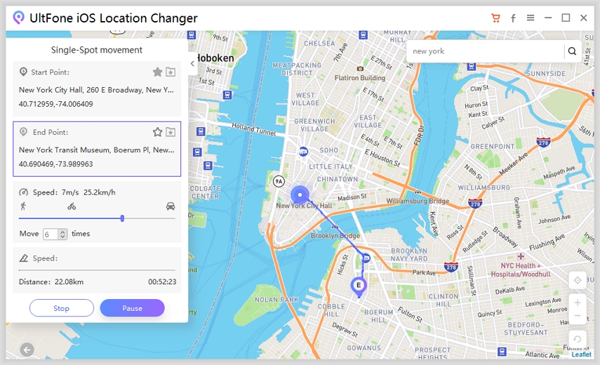2つのポント間の偽のiOS GPS移動