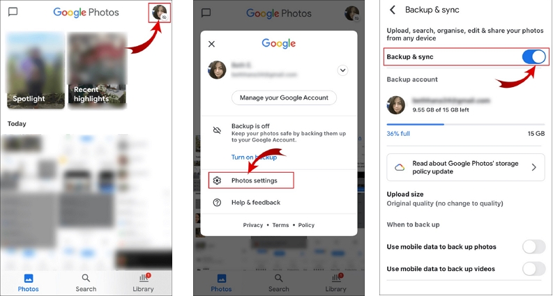 Googleフォトでバックアップと同期を有効にします