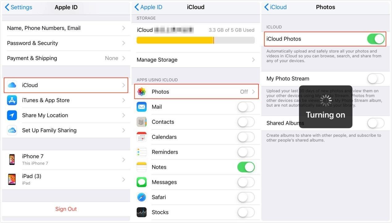 ワイヤレス転送のためにiCloud写真をオンにします