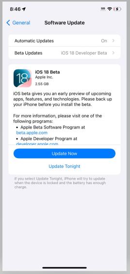 iOS 18開発者ベータを更新します