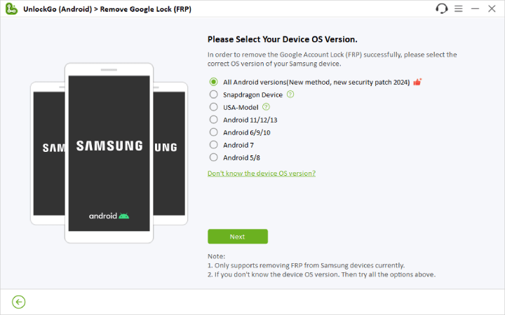 Samsung FRPをバイパスするソリューションを選択します